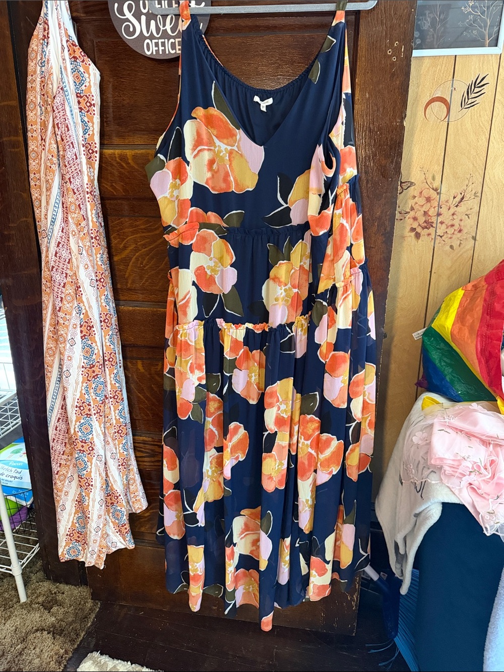 Maurices Maxi Dress with Orange, Pink & Yellow Floral Print 3x Tiered.  BEauty!